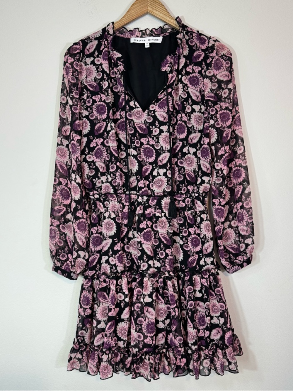 REBECCA MINKOFF Rosemary Mini Floral Ruffle Georgette Dress - Black Pink Size M